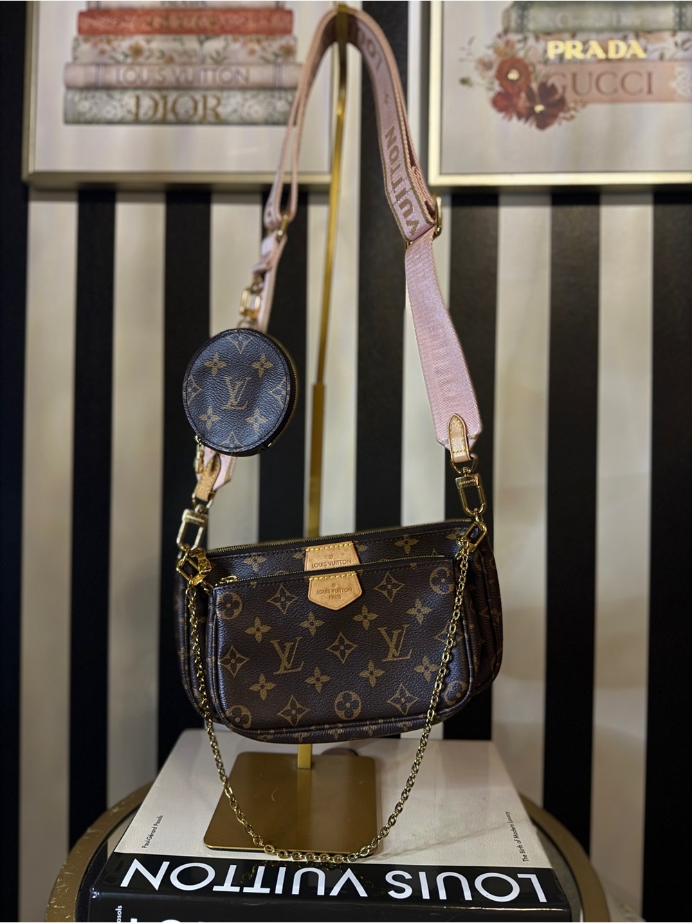 Louis Vuitton Brown Monogram Crossbody with Pink Strap and Coin Pouch